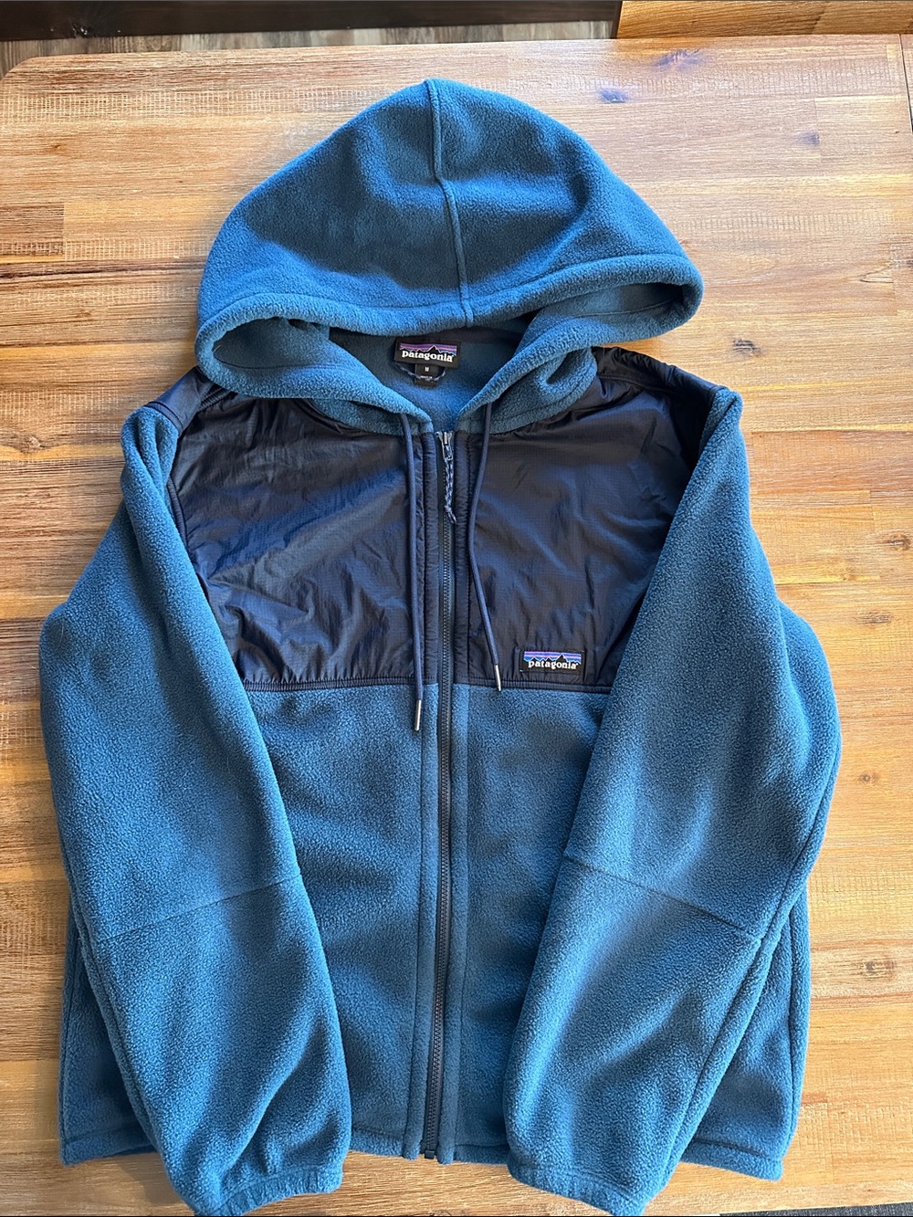 Patagonia Teal Hooded Fleece Jacket with Navy Chest Panel